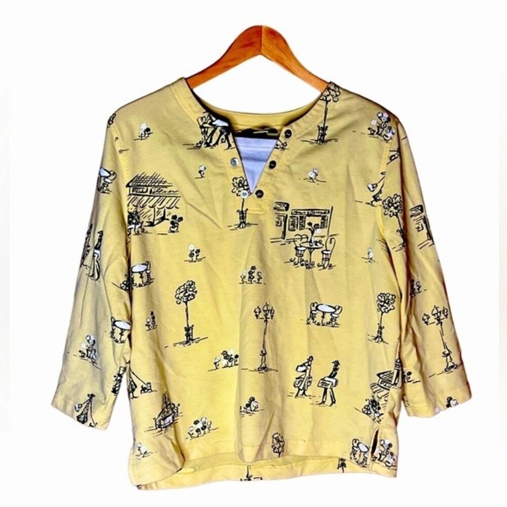 Koret Woman women’s size Large yellow Parisian style print 3/4 sleeve top